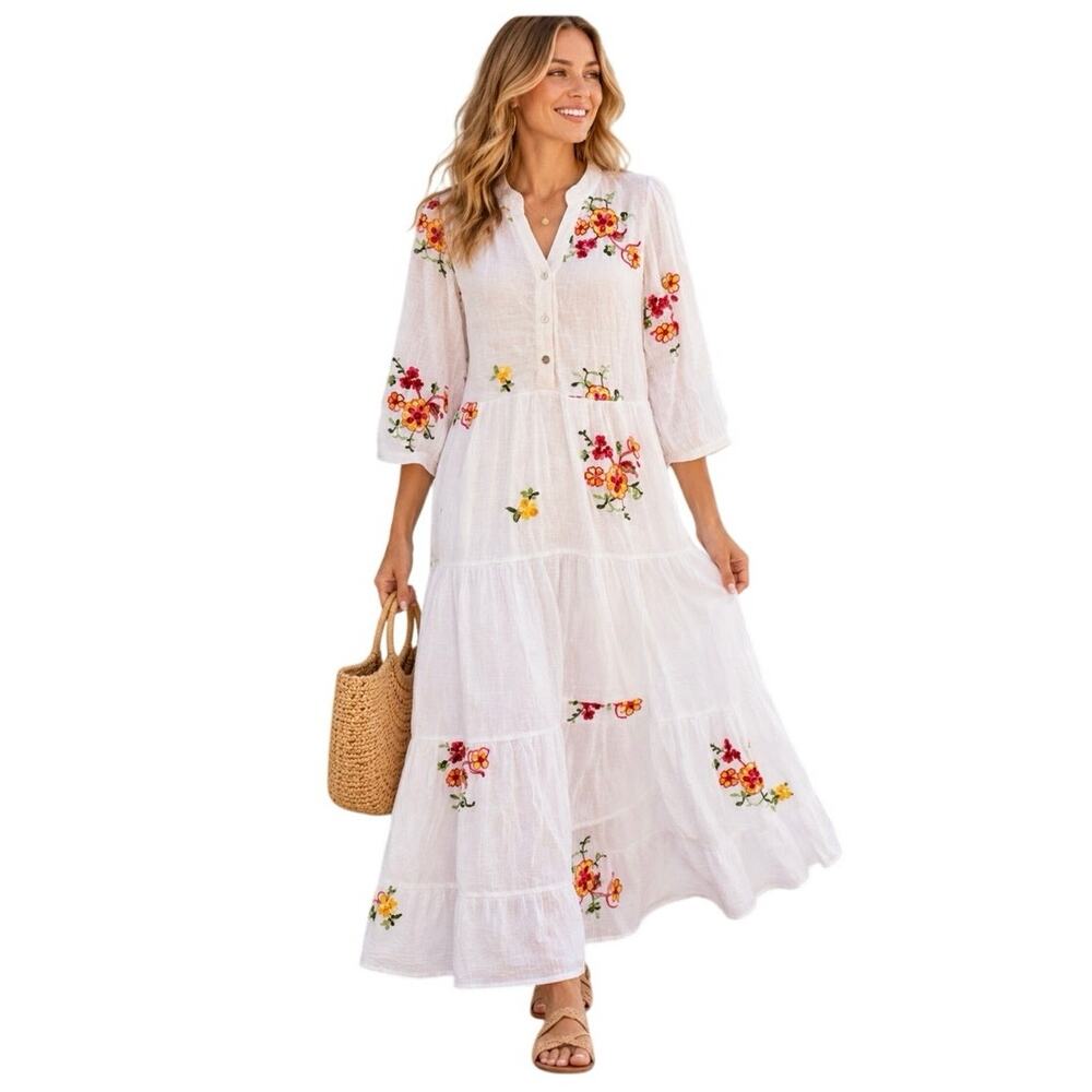 FIG & FLOWER Anthropologie Embroidered Floral Tiered Maxi Boho Dress Womens Sz L